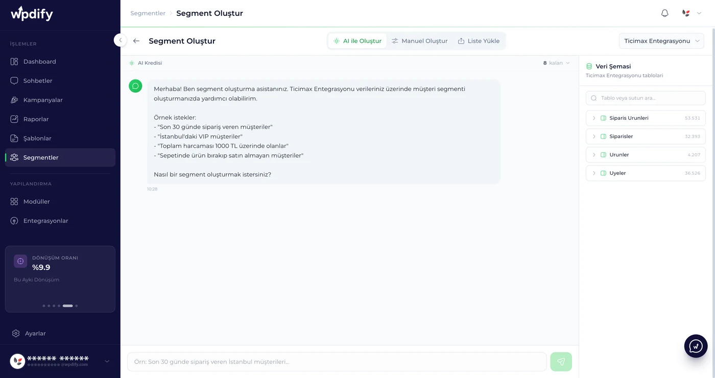 Wpdify panelinde yapay zekâ asistanıyla segment oluşturma ekranı